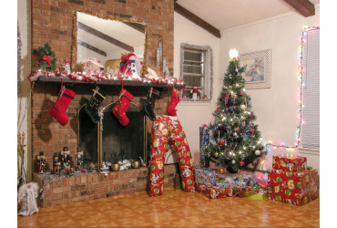 Christmas decoration with Christmas tree, socks and lighting